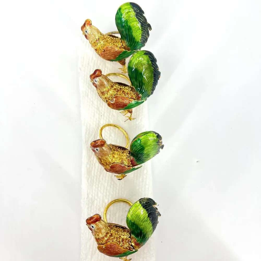 Enamel Rooster Napkin Rings Articulated Set of FOUR